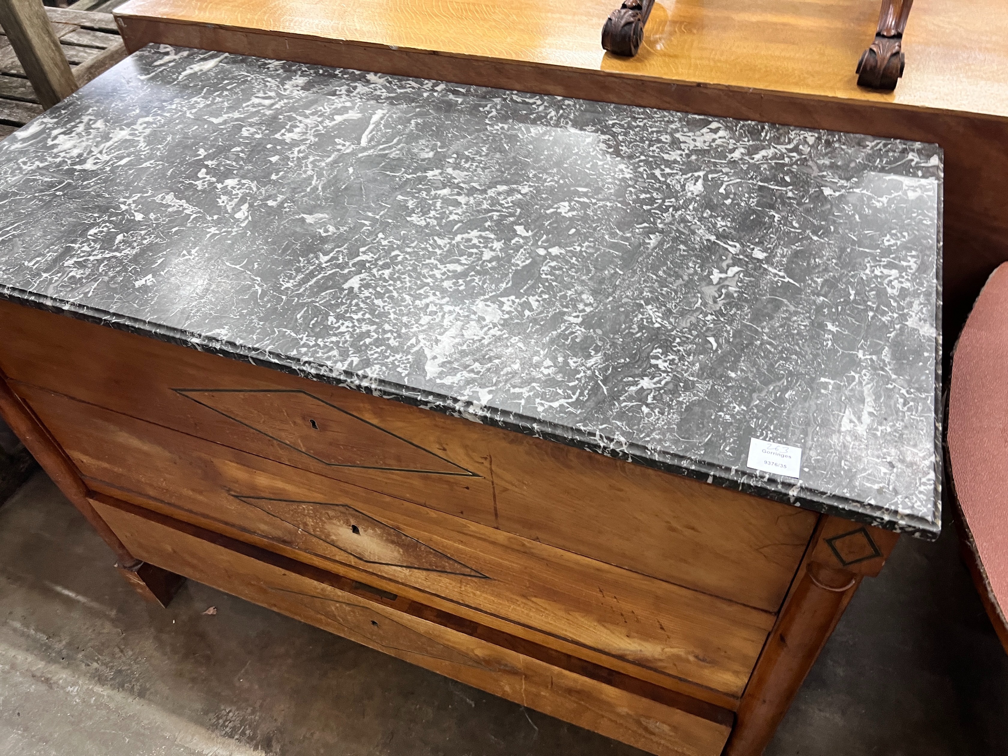 A 19th century continental fruitwood commode with grey marble top, width 122cm, depth 58cm, height 90cm *Please note the sale commences at 9am.